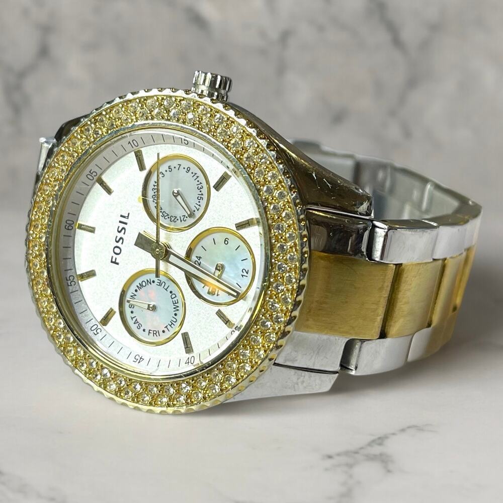 Fossil Stella Watch Womens Two Tone Rhinestone Bezel Mother of Pearl Dials WORKS